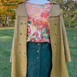 Vintage Golden Yellow Real Leather Jacket with unique button detailing